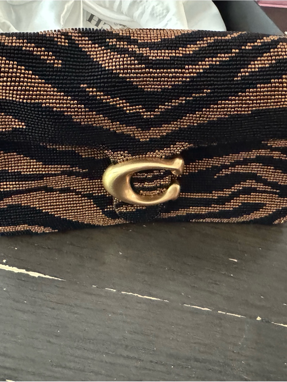 Coach beaded tiger tabby Black and Gold Beaded Signature C Clutch